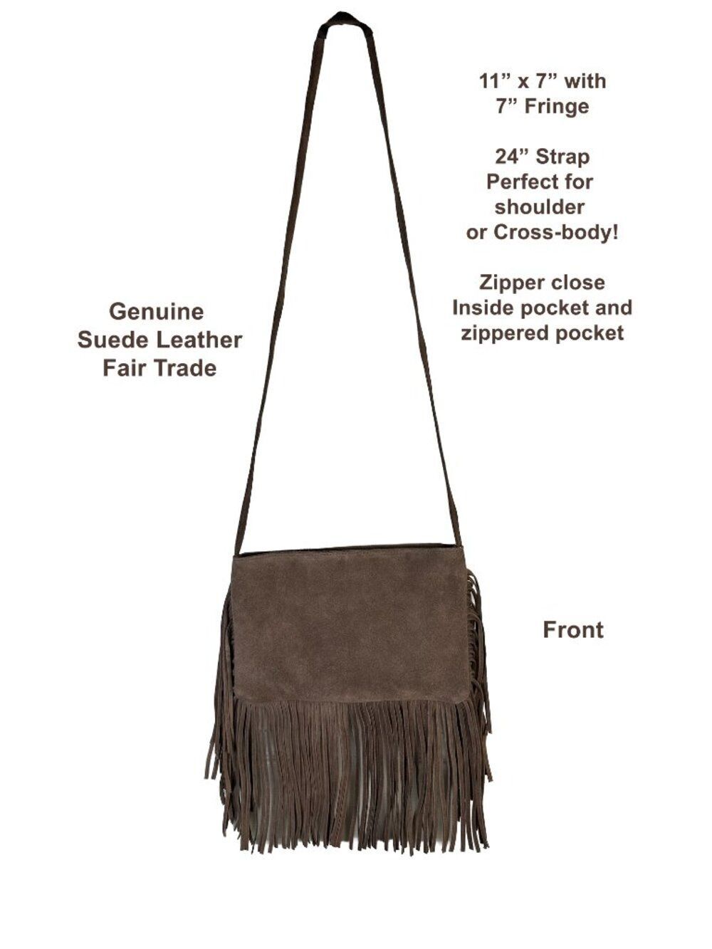 NWT Genuine Suede Leather Fringe shoulder or Crossbody Bag Fair Trade Brown